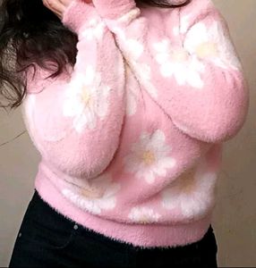 Pink Floral Fuzzy Sweater