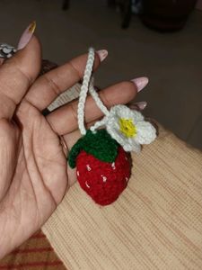 Crocheted Strawberry Flower Keychain Charm