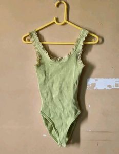 Green Ribbed Bodysuit with Lace Trim