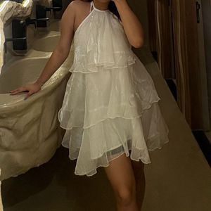 white tiered halter mini dress