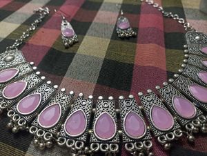 Oxidized Silver Pink Stone Necklace Set