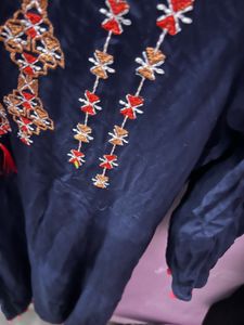Embroidered Navy Blue Kurta with Tassels