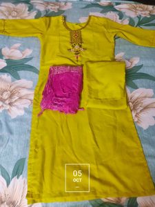 Vibrant Yellow Kurta Set with Pink Dupatta