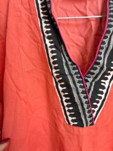 Coral Ethnic Kurta with Black &amp; Silver Trim
