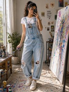 Distressed Denim Overalls