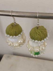 Handmade Green Jhumka Earrings with Pearls