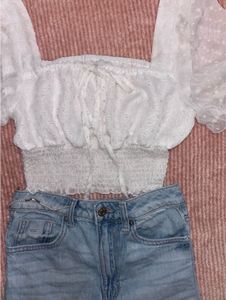 Sheer Puff Sleeve Smocked Crop Top