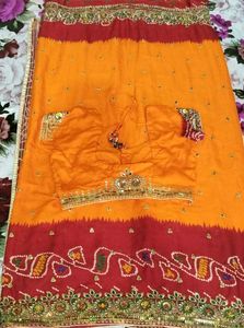 Orange &amp; Red Embroidered Saree with Blouse