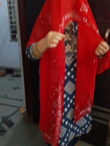 Vibrant Red Dupatta with Embellished Kurti