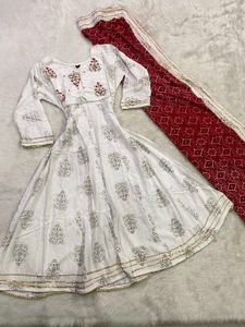 Off-White Anarkali Kurti &amp; Bandhani Dupatta Set