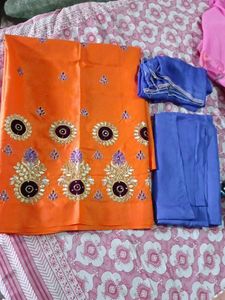 Orange &amp; Blue Embroidered Salwar Suit Material