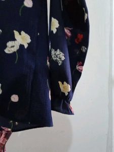 Navy Floral Print Ruffle Neck Top