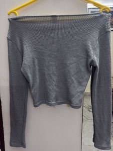 Grey Ribbed Button-Up Long Sleeve Top