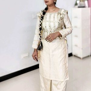 Elegant Cream Kurta Set with Palazzos, Shrug
