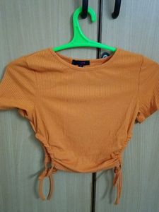 Orange Ribbed Crop Top with Drawstrings