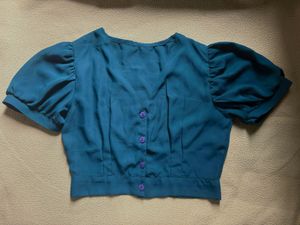 Teal Puff Sleeve Button-Up Crop Top