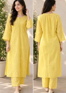 Yellow chikenkari Embroidered Kurta Set