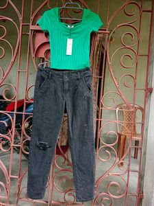 New Distressed Jeans With Green Ribbed Crop Top