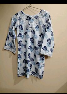 White Blue Leaf Print Kurta