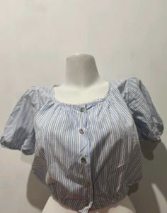 Blue Striped Puff Sleeve Crop Top