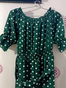Dark Green Polkadot Long Dress, With Matching West