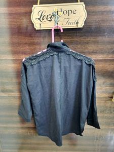 Black Cutout Work Lace Sleeve Shirt