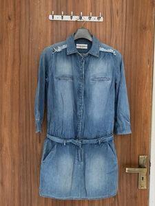 Denim Shirt Dress with Drawstring Waist