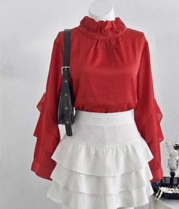 Chic Red Ruffle Sleeve Blouse