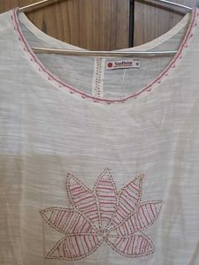 White Kurta with Red Floral Embroidery
