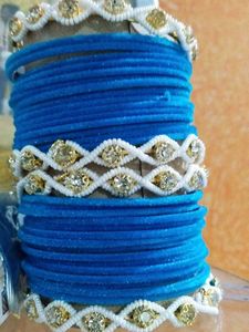 Blue Velvet Bangles with White Embellishments