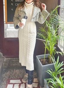 Cream Cable Knit Turtleneck Sweater Dress