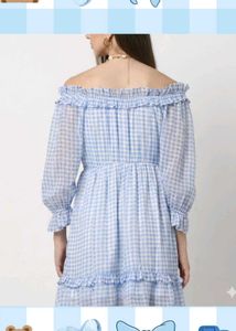 Blue Gingham Off-Shoulder Dress