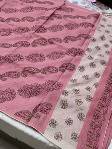 Pink Chikankari Floral Paisley Cotton Saree