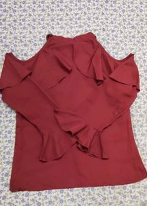 Maroon Cold Shoulder Ruffle Top