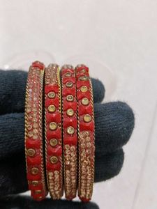 Red Glass Bangles with Gold Accent