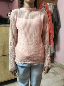 Peach Colour Top Net &amp; Lycra Material Mix