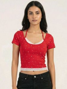 Red Cropped Top with Lace Trim