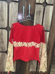 Red Embroidered Bell Sleeve Blouse