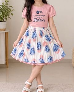 Puff-Sleeve Tee + Floral Pleated Skirt