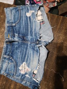 sale !!! Distressed Denim Shorts with Plaid Detail