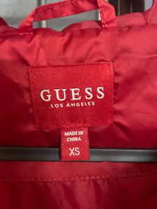 Red Guess Puffer Jacket with Logo Tape