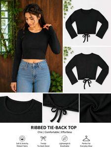 Black Ribbed Tie-Back Crop Top