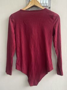 Maroon Ribbed Lace-Up Bodysuit