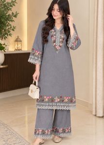 Embroidered Grey Kurta with Pants Set