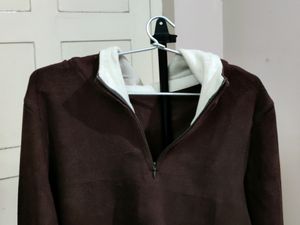 💥BUY1GET1💥 imported brown quarter-zip hoodie with white trim.