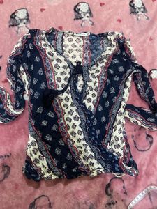 Boho Print Long Sleeve Tassel Top