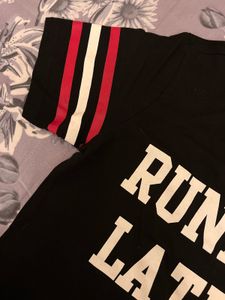 Sporty Varsity Black Shift Midi T-Shirt Dress