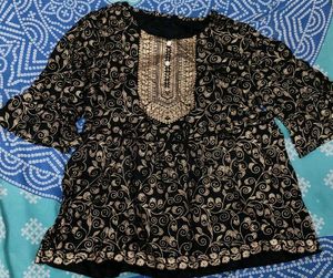 Black And Golden Floral Print Kurta