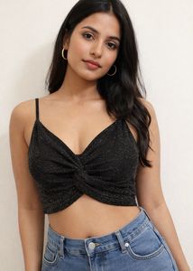 Sparkling Black Twist Front Crop Top
