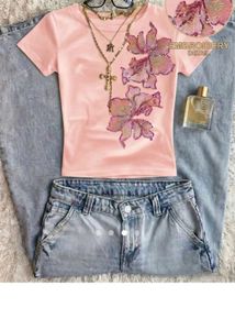 Pink Embroidered Floral Crop T-Shirt